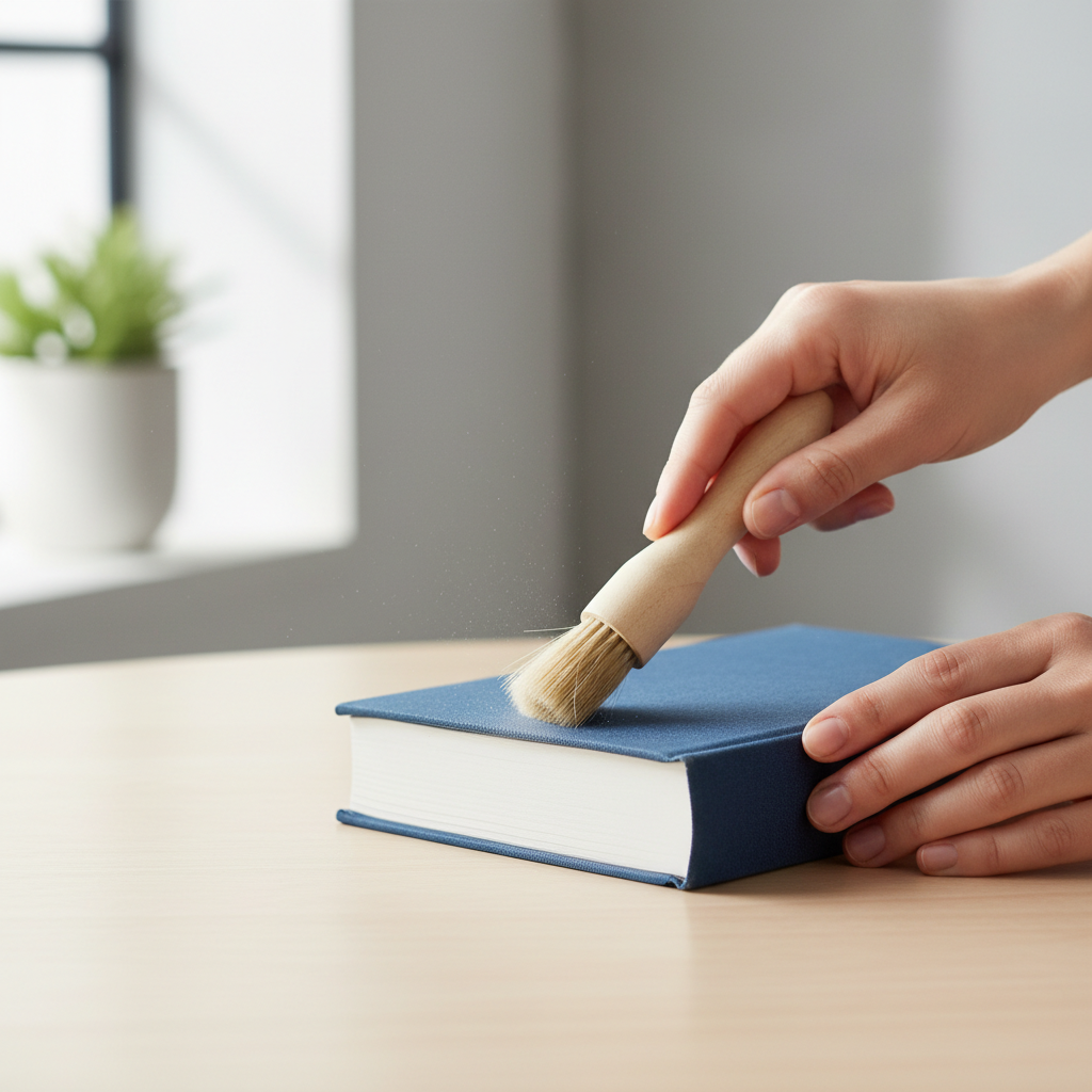 Brushing dust off the top edge of a hardcover book safely
