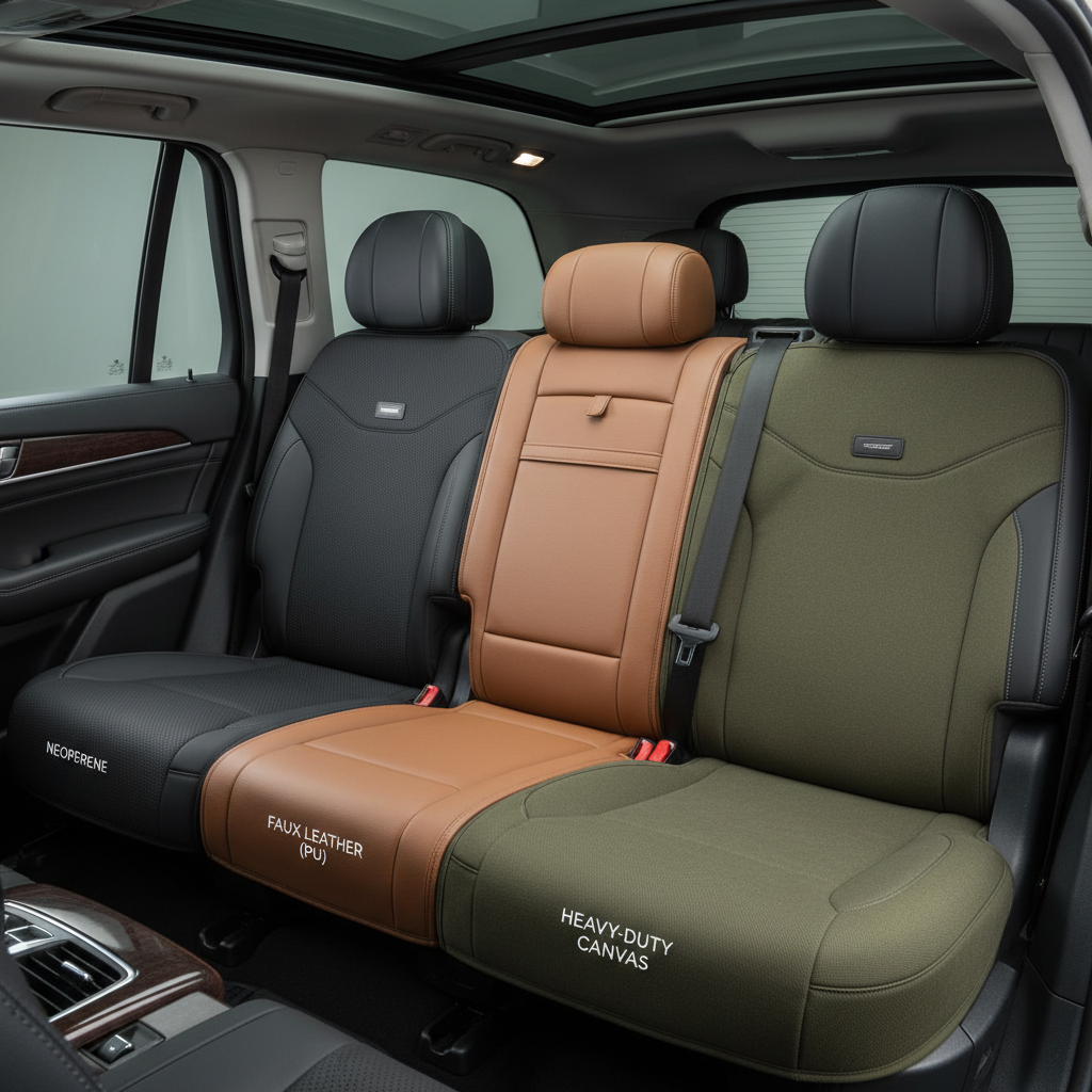 Comparison of seat cover materials on leather seats: neoprene, faux leather, canvas
