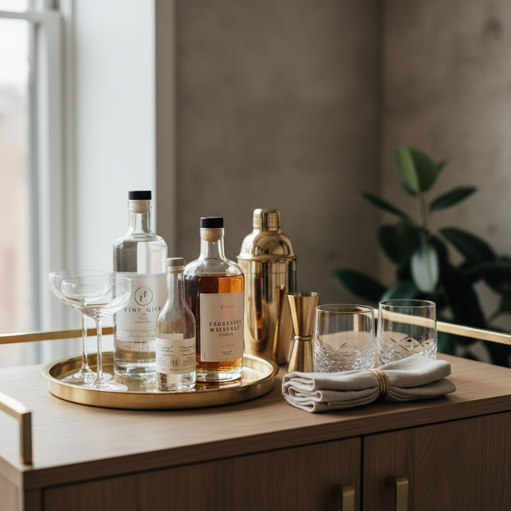 Organized bar cart shelves with tray, glassware, and minimal bottles for small apartment