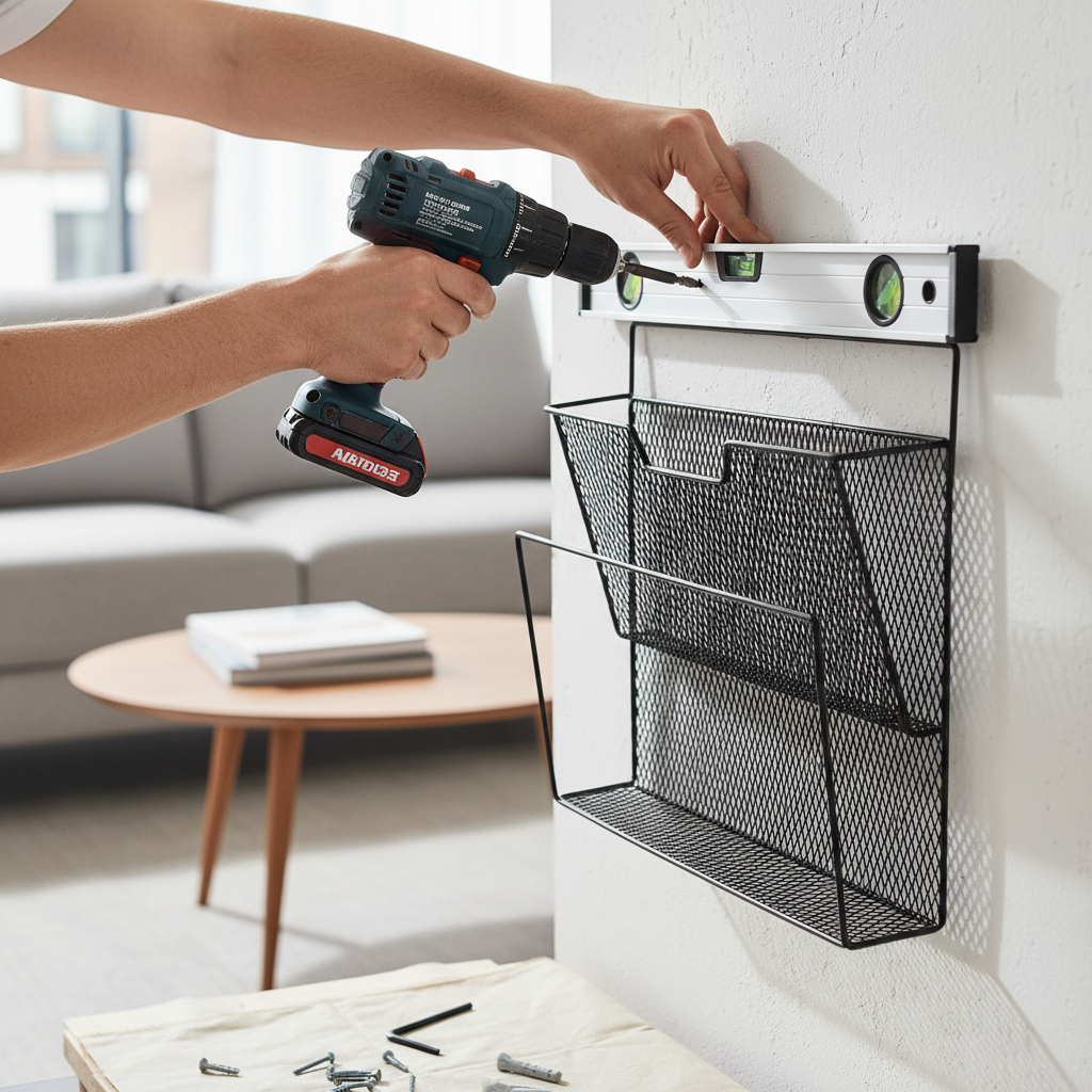 Installing a wall mounted magazine rack with a level in a living room