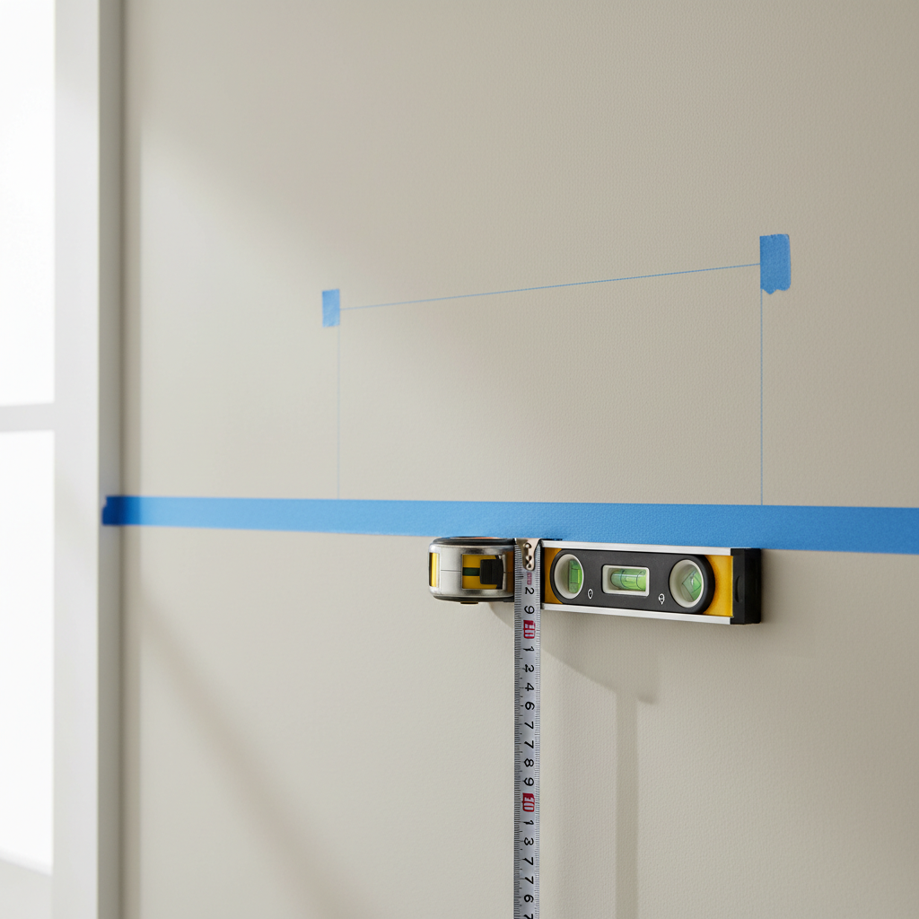 Using painters tape to mark frame position and level line on the wall