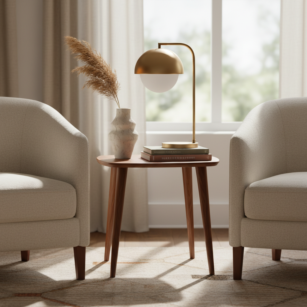 Mid century modern side table decor vignette with lamp, books, and ceramic vase