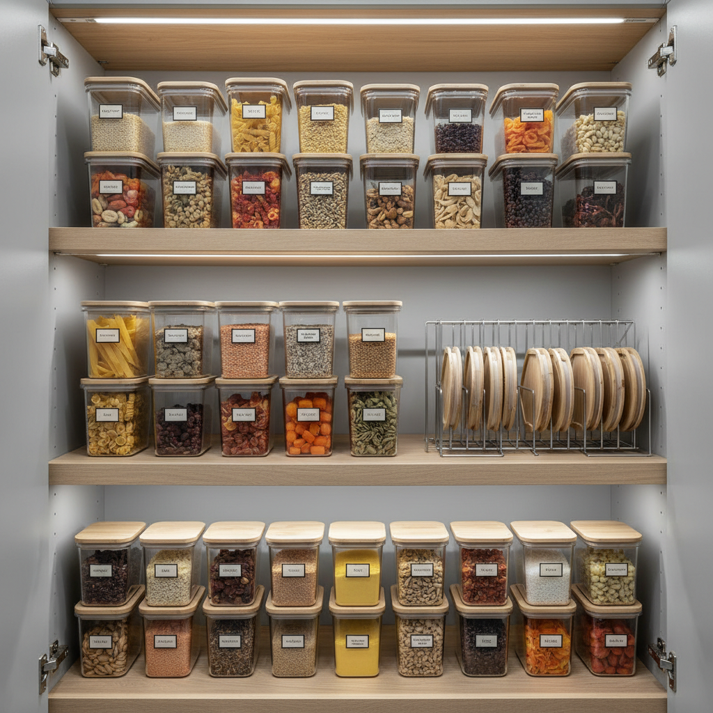 Organized cabinet with stacked glass food storage containers and matching lids
