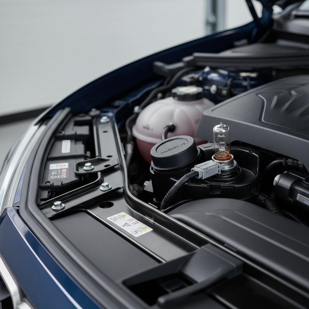 Halogen headlight bulb seated correctly in housing with dust cap aligned