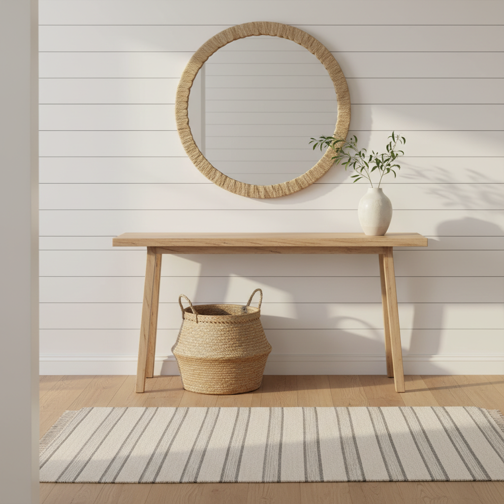 Coastal entryway with light wood console, large round mirror, and minimal beach-inspired decor