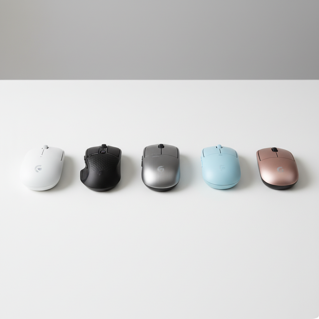 Comparison of compact wireless mice lined up on a desk