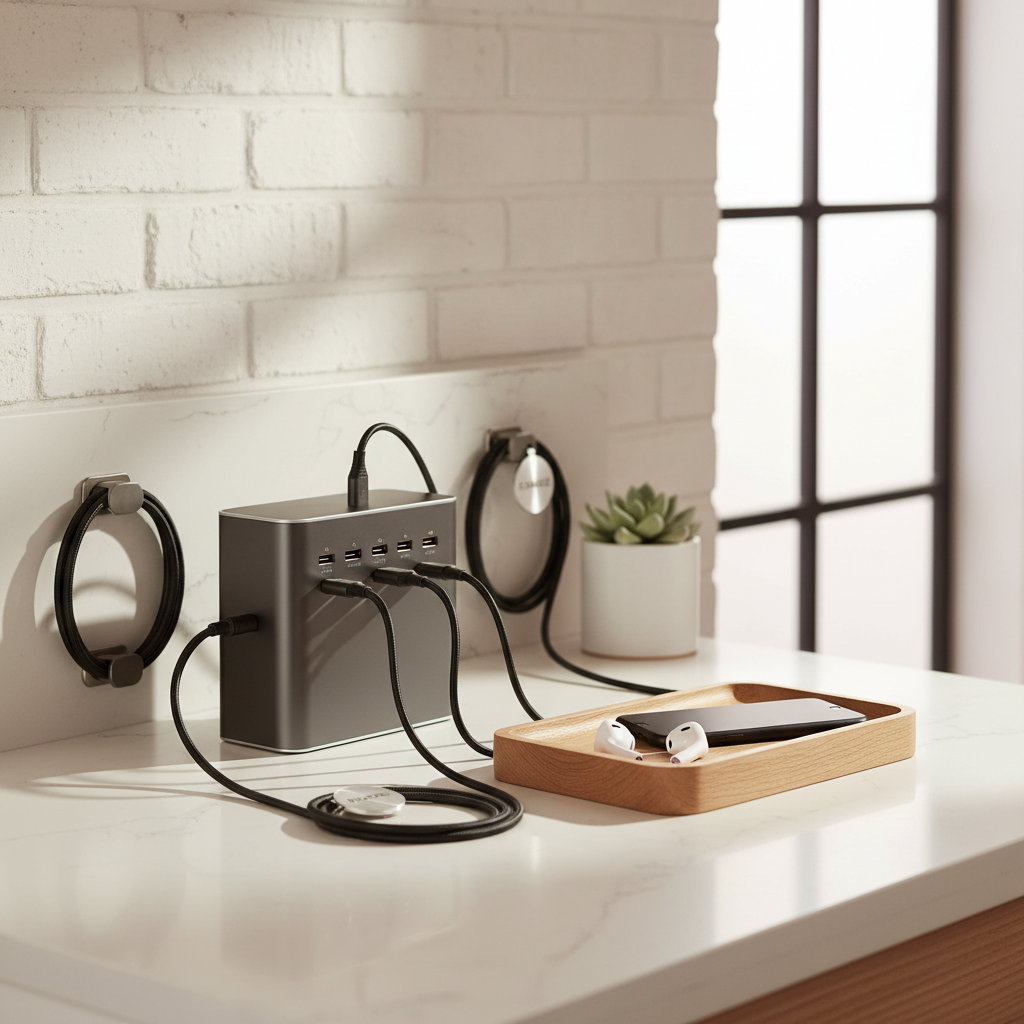 Home charging zone with labeled USB cables and multi-port charger on a tidy counter