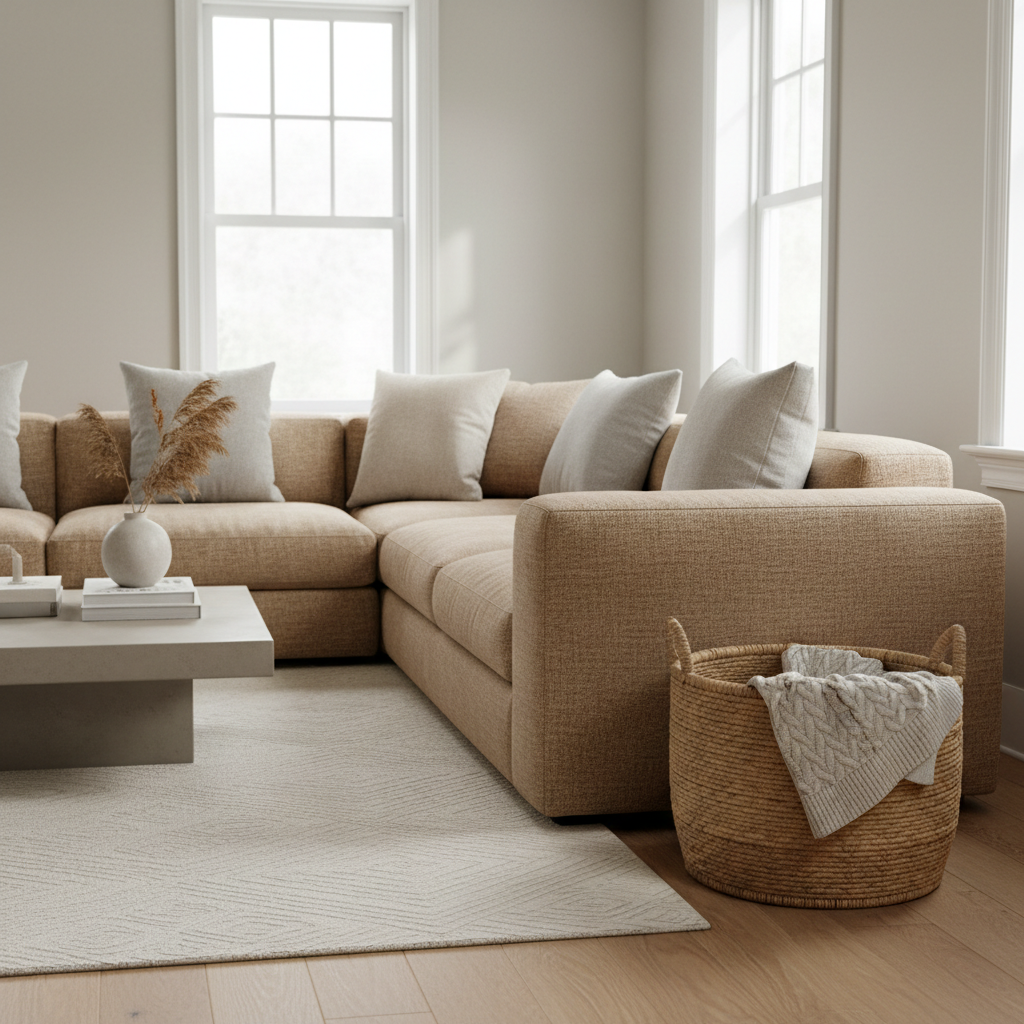 Living room couch with a blanket basket nearby for quick storage and a tidy look