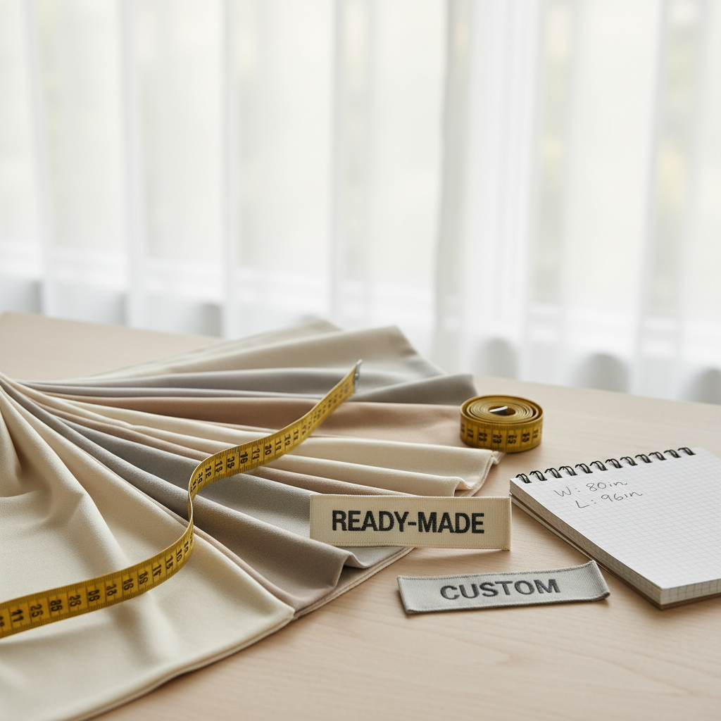 Choosing between ready-made and custom curtain panels with measuring tape and fabric swatches