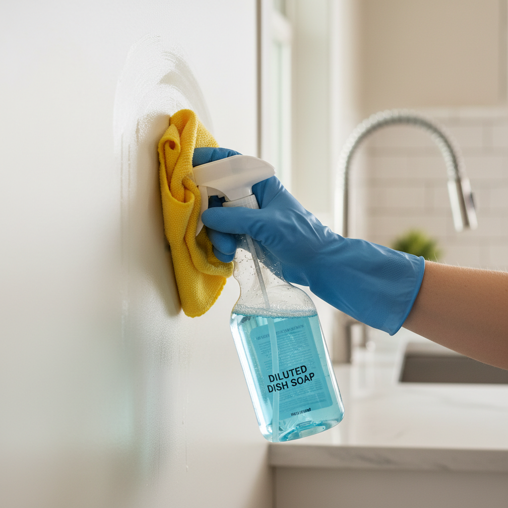 Dish soap and microfiber cloth used to clean grease off a kitchen wall safely