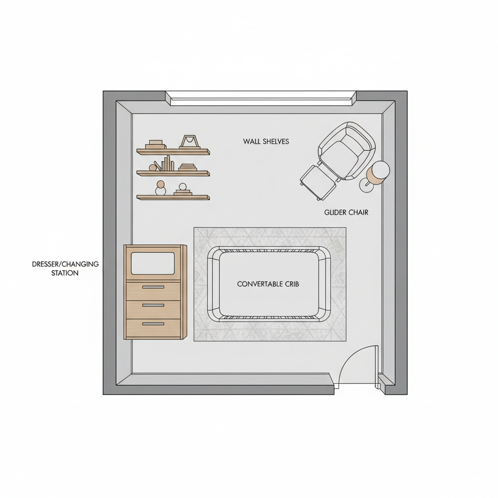 Floor plan idea for small nursery with crib, dresser and chair