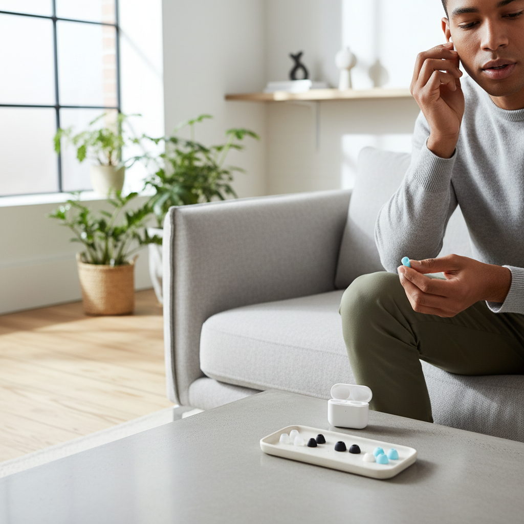 Person testing ear tips and fit on budget wireless earbuds at home