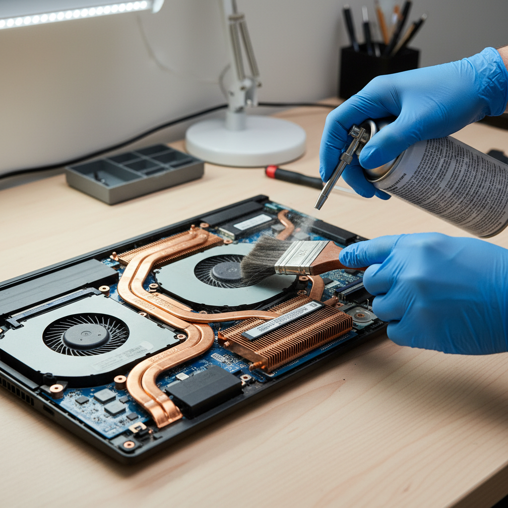 Technician cleaning gaming laptop fan and heatsink to reduce overheating