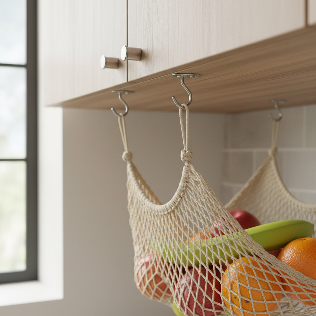 Fruit hammock installed under cabinet with adjustable cords and screw hooks close-up