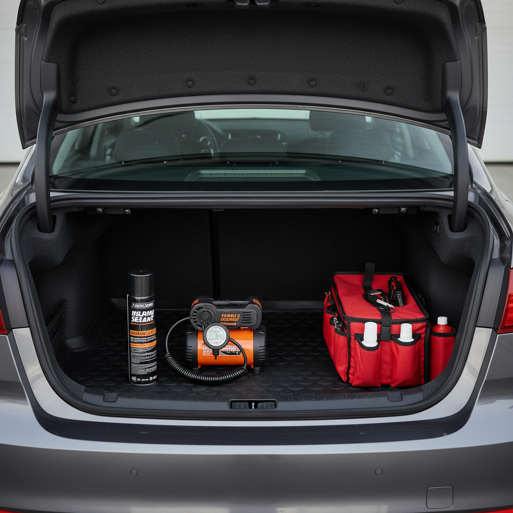 Comparison of aerosol tire sealant can and portable air compressor in a car trunk