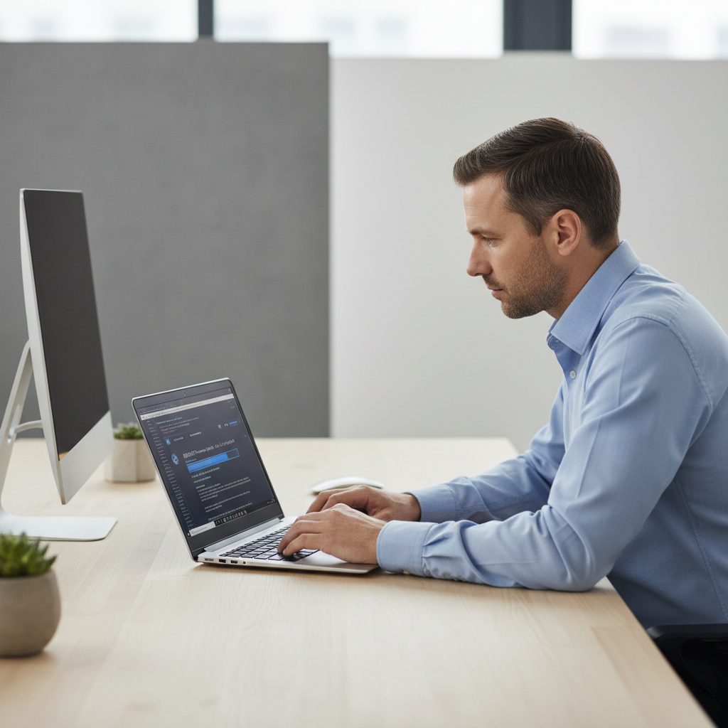 Technician updating BIOS on a Windows laptop in a clean workspace