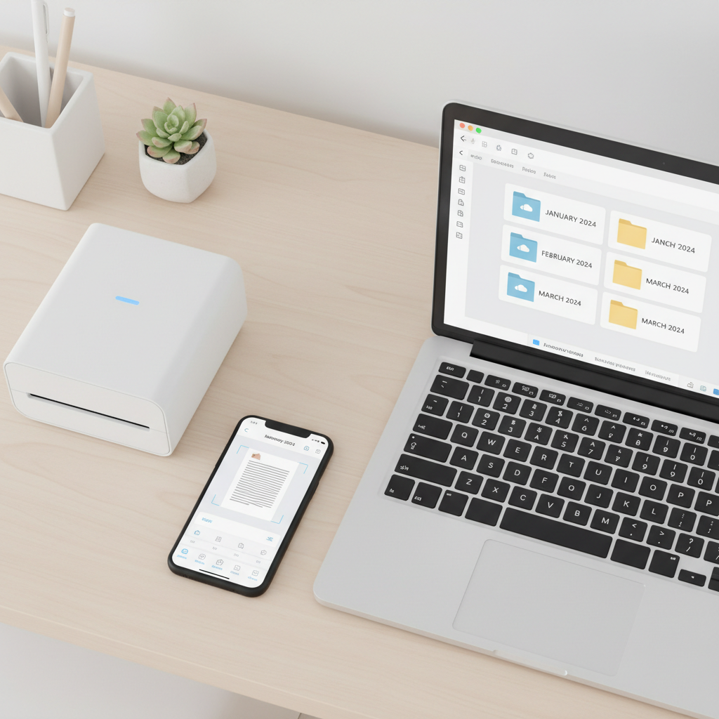 Simple receipt organization workflow with scanner, phone app, and cloud folder structure