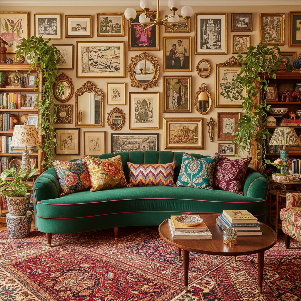 Bold maximalist living room with layered patterns and colorful decor