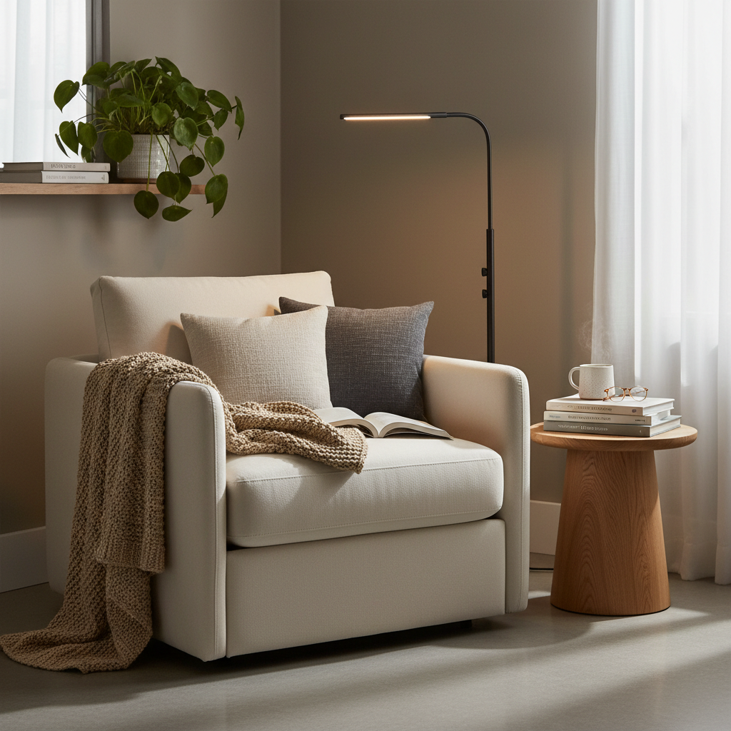 Cozy reading corner with an LED floor lamp next to an armchair