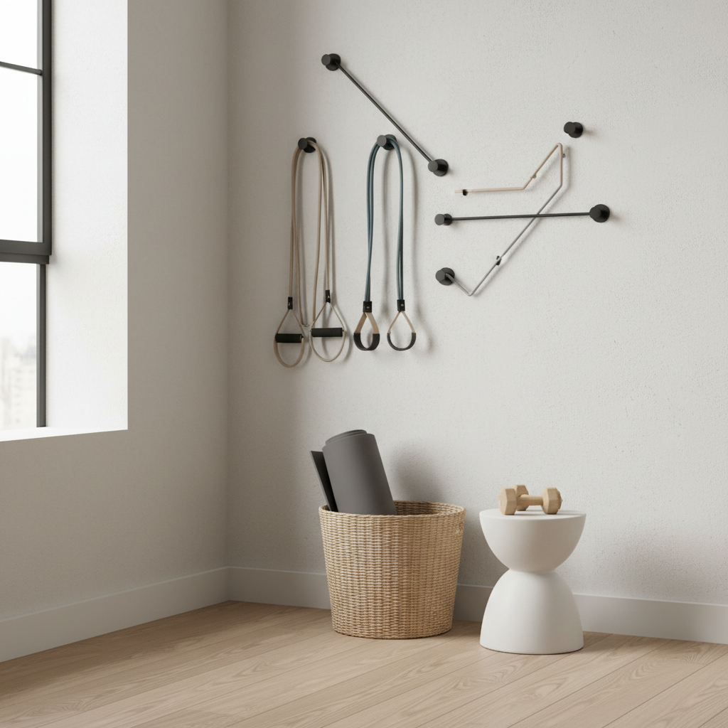 Small space home gym corner with resistance bands neatly stored on wall hooks