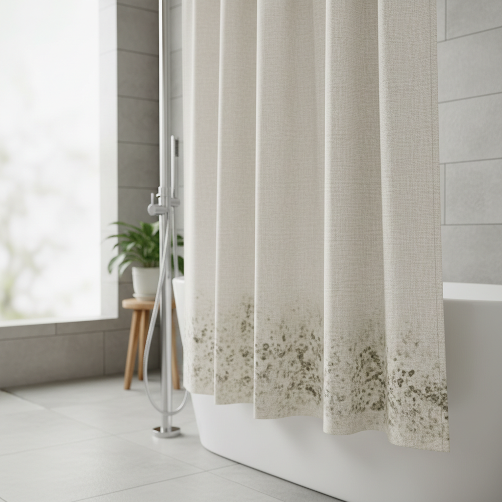 Fabric shower liner with mildew stains near the bottom hem