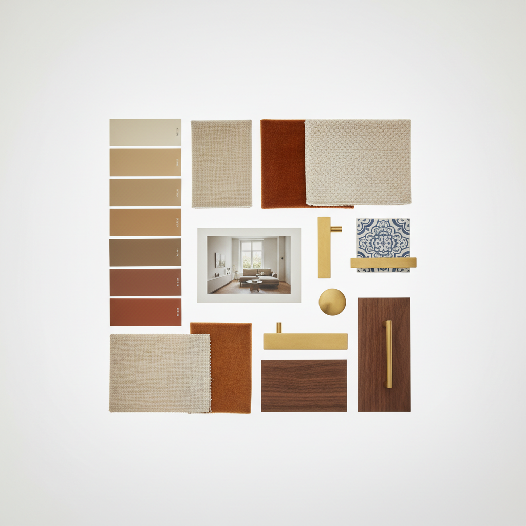 Mood board for mixing decor styles with paint swatches fabric samples and wood tones