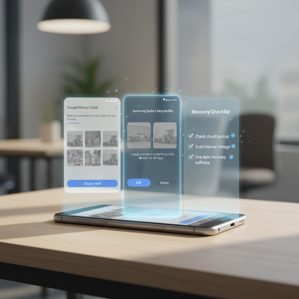 Android phone showing deleted video recovery paths in Google Photos and device gallery