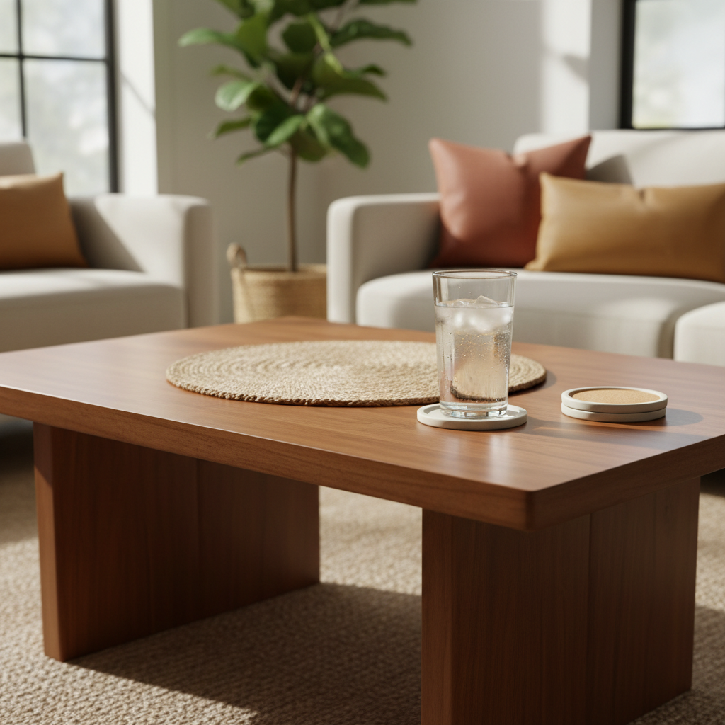 Coasters and placemats protecting a wooden coffee table from water rings