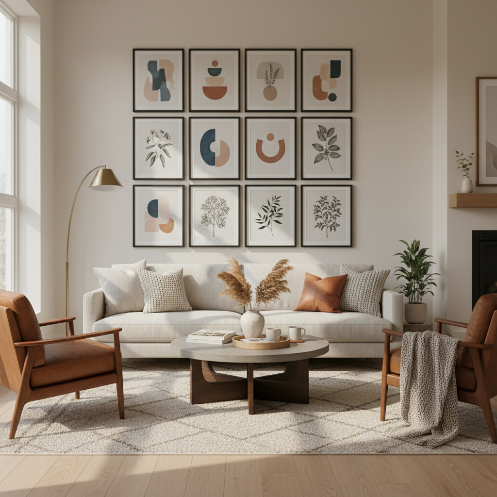 Living room wall art print gallery above a sofa with balanced scale