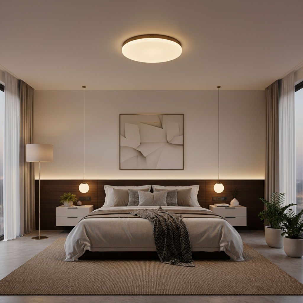 Warm bedroom ambiance with a budget-friendly flush mount ceiling light