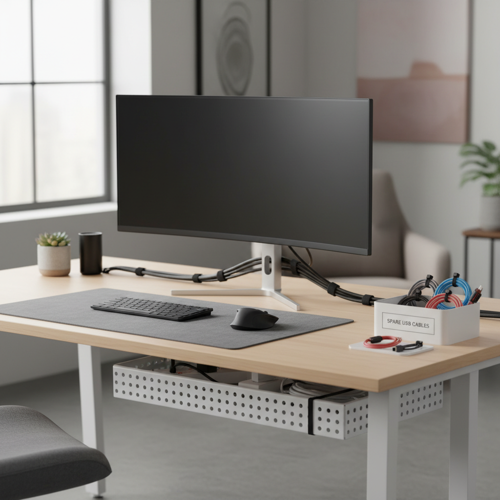 Organized office desk cable management with Velcro ties and labeled bins