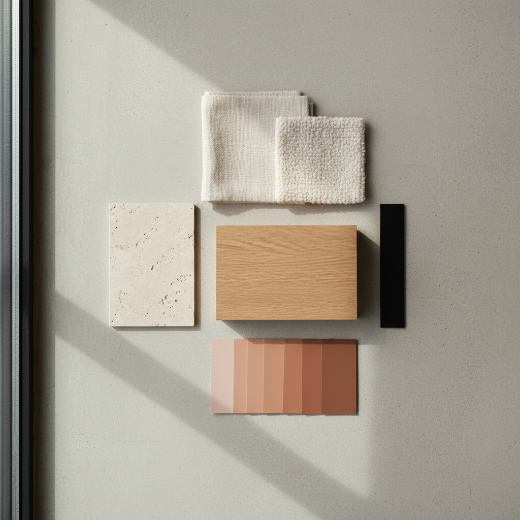 Urban modern materials palette with wood, stone, linen, and matte black metal