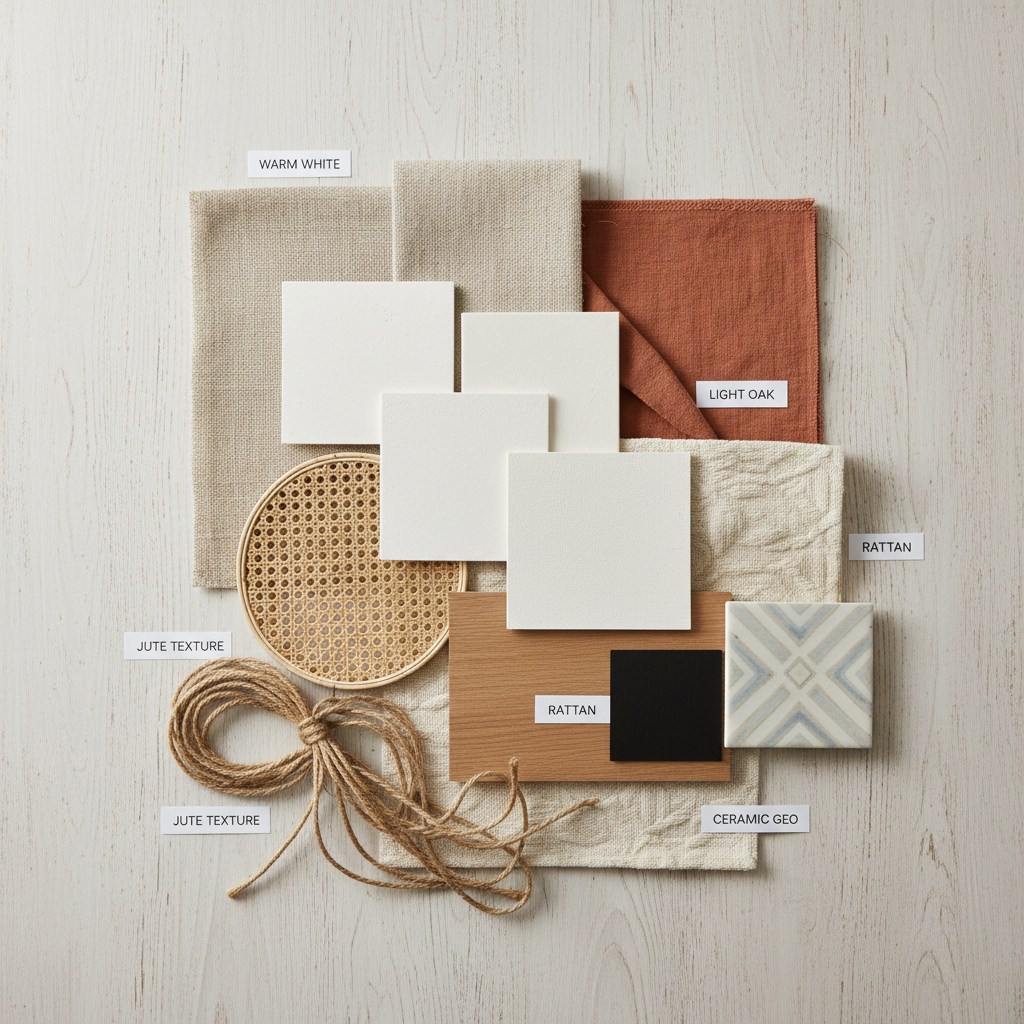 Scandi boho palette and texture board with warm neutrals, wood, rattan, and linen