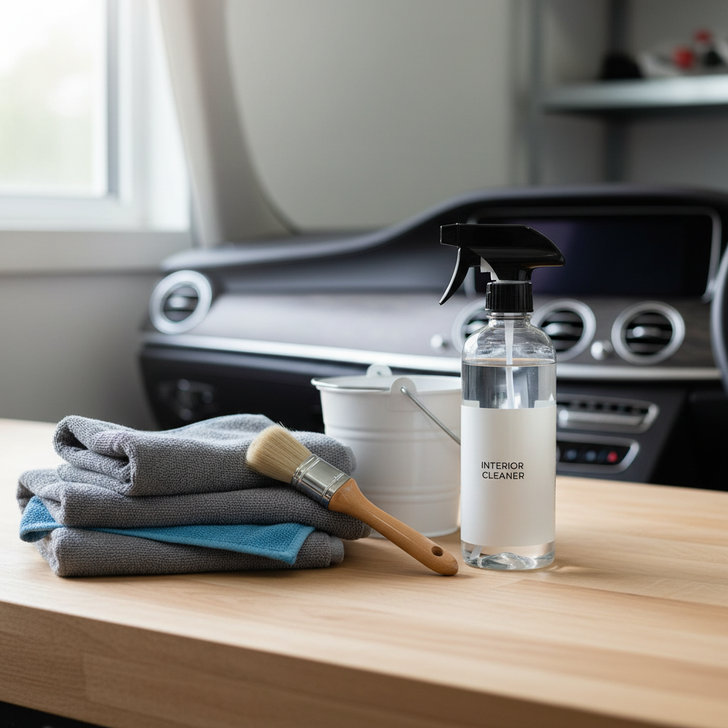 Cleaning supplies laid out for car interior plastic trim