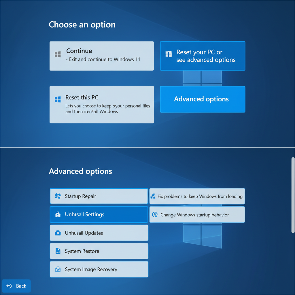 Windows Recovery Environment options for fixing startup black screen