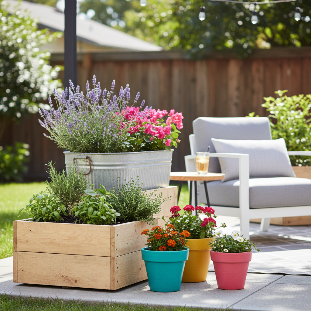 Outdoor DIY planters on a sunny patio with herbs and flowers