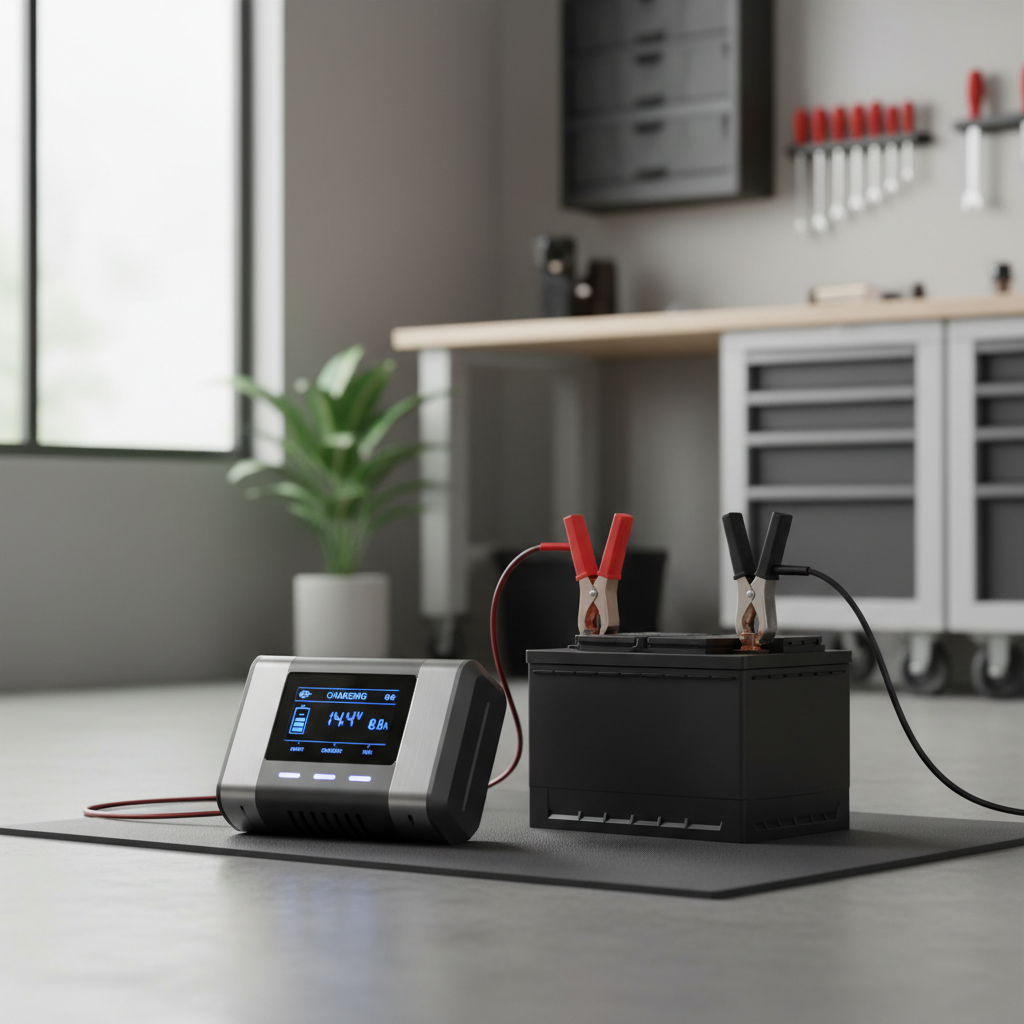 Automatic 12V car battery charger connected to a vehicle battery in a garage