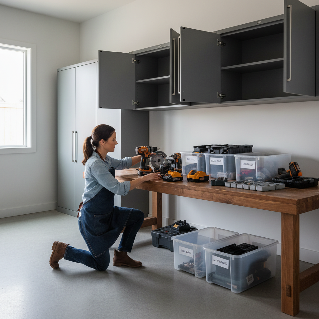 Person sorting cordless tools, batteries, and accessories on a workbench before placing them into garage cabinets