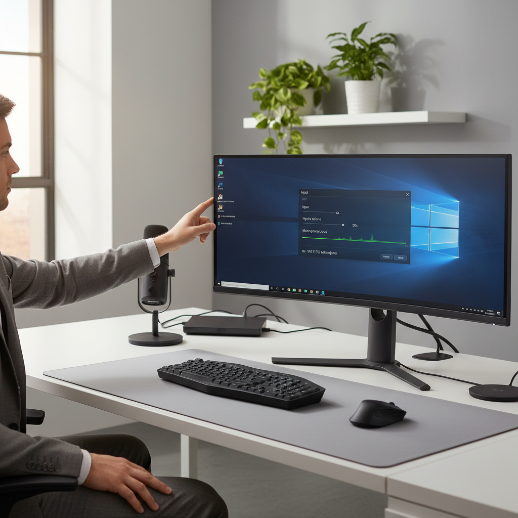 Person adjusting microphone gain and mic boost on a Windows PC for clearer voice calls