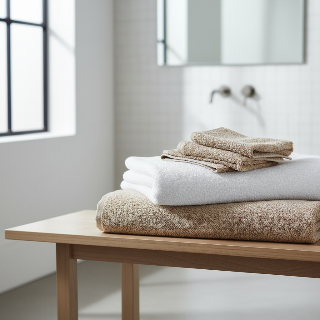 Stack of absorbent cotton bath towels in a bright bathroom