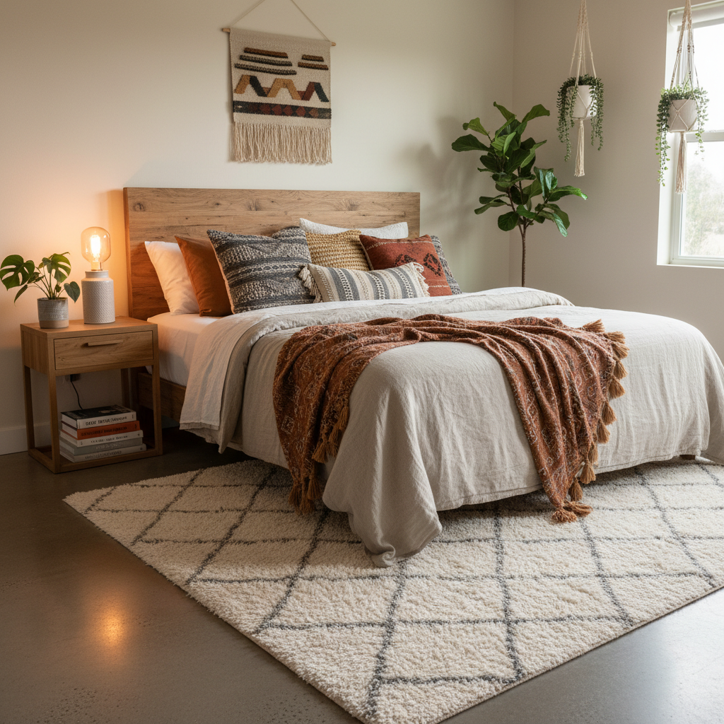 Cozy bohemian bedroom with layered textiles and warm lighting