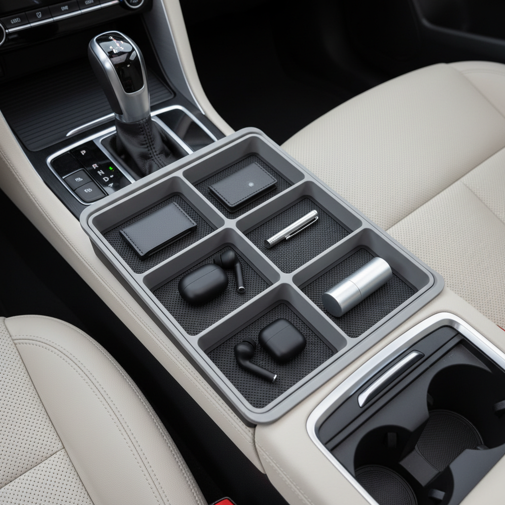 Organized car armrest console with divided tray and rubber liner to prevent rattling