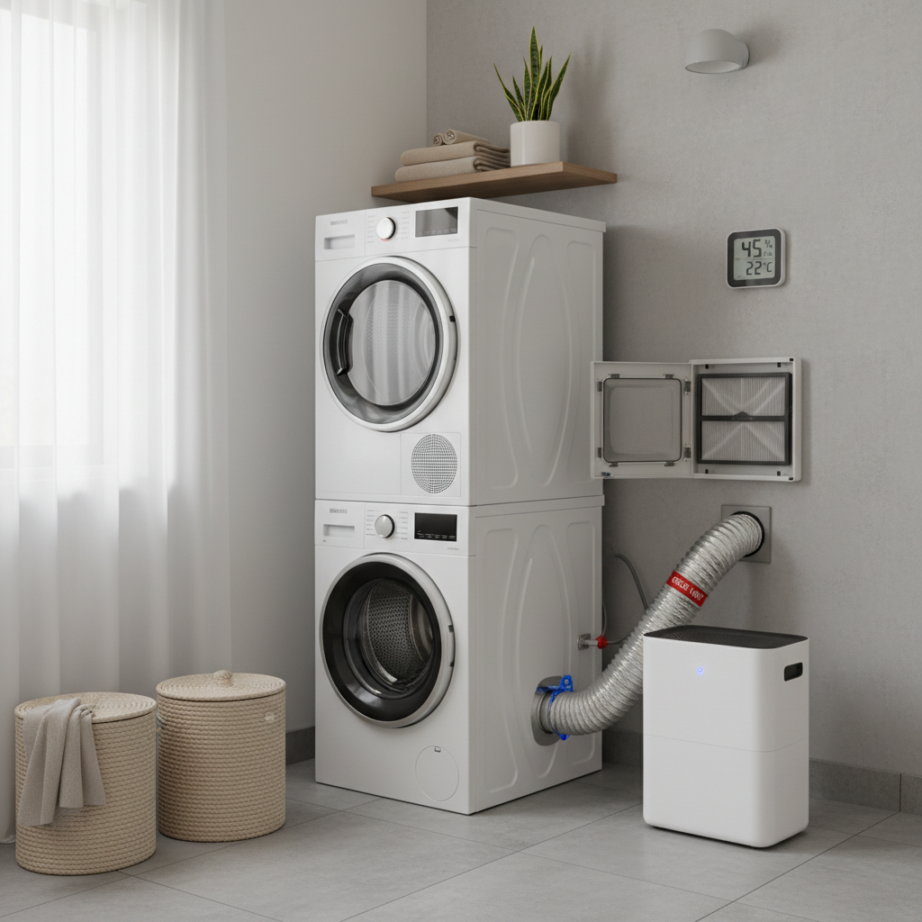 Laundry room with proper dryer vent access and moisture control setup