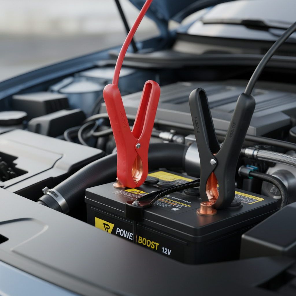 Close-up of jump starter clamps connected to a car battery terminals