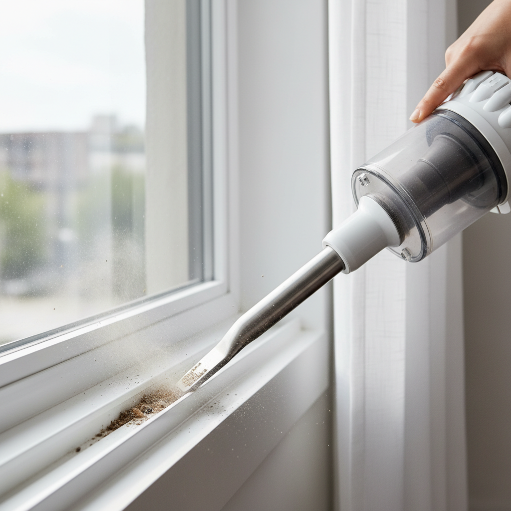 Vacuuming window tracks with a crevice tool to remove dry dirt and debris first