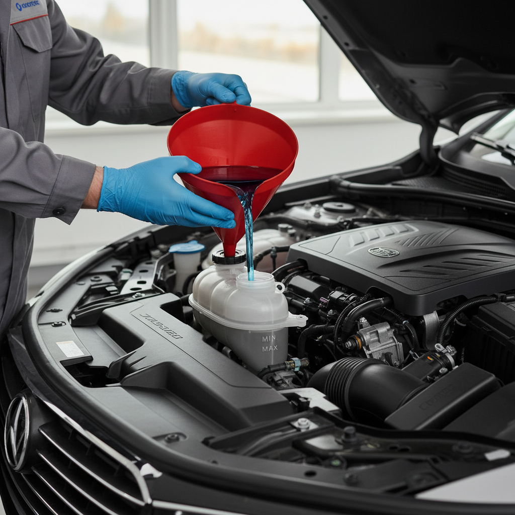 Pouring premixed coolant into reservoir with funnel, cold engine safety
