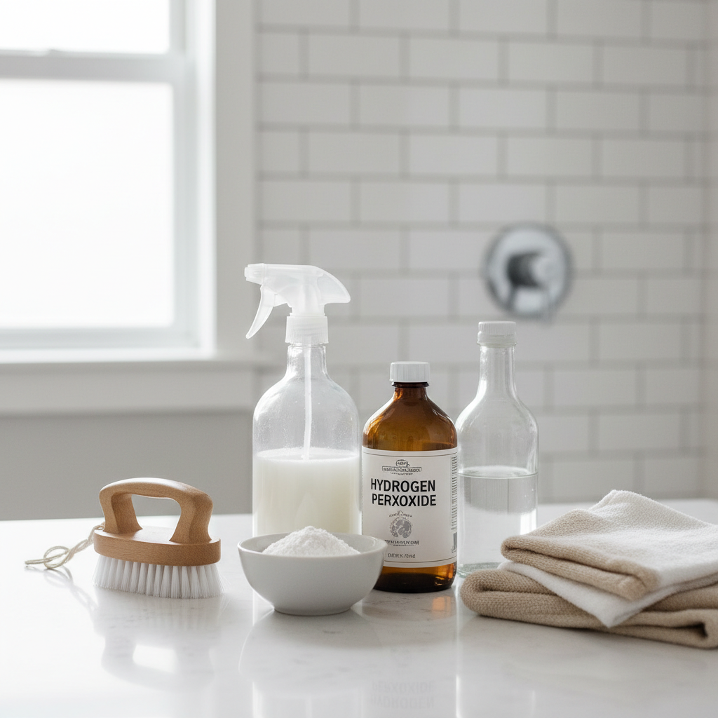 Homemade grout cleaning supplies on a bathroom counter