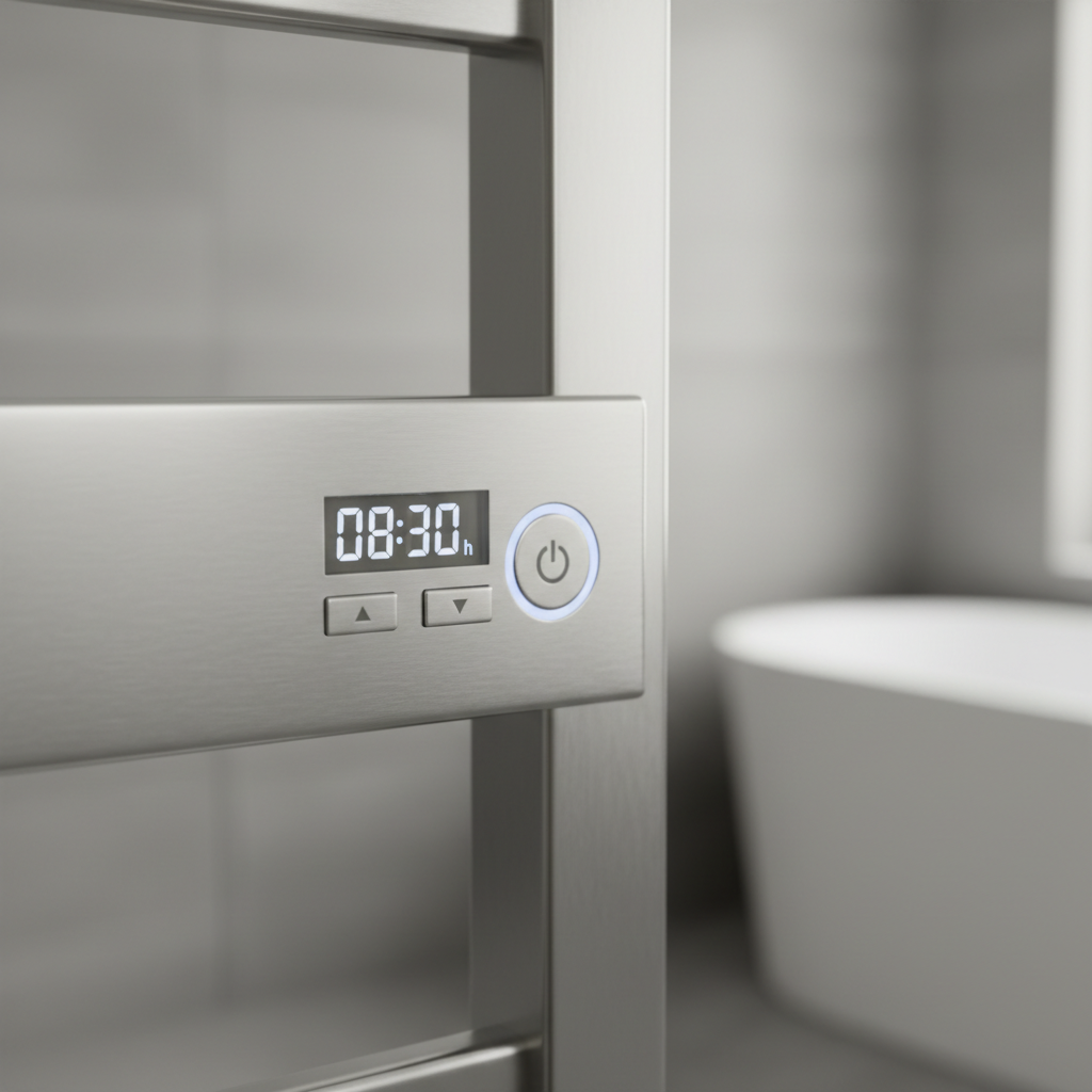 Close-up of heated towel rack controls showing timer and power options
