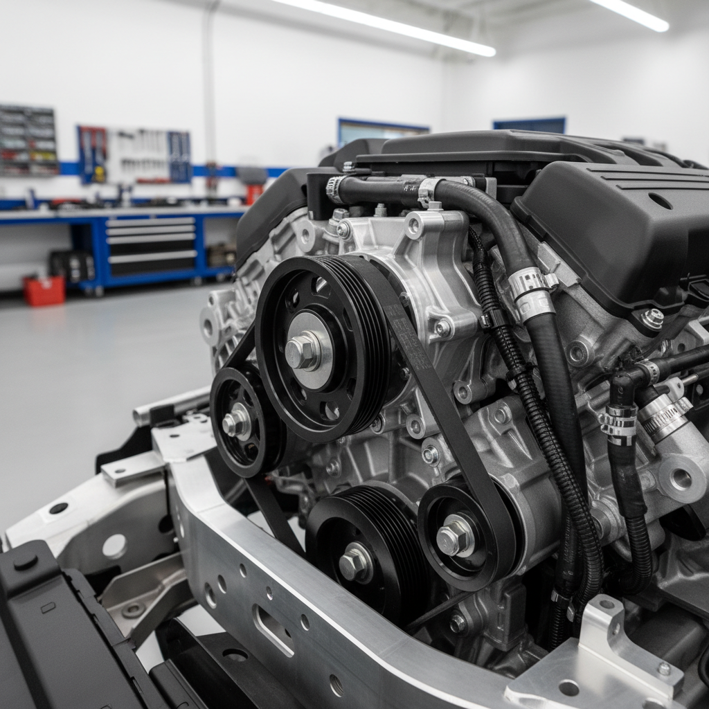 Power steering pump and serpentine belt components in engine bay