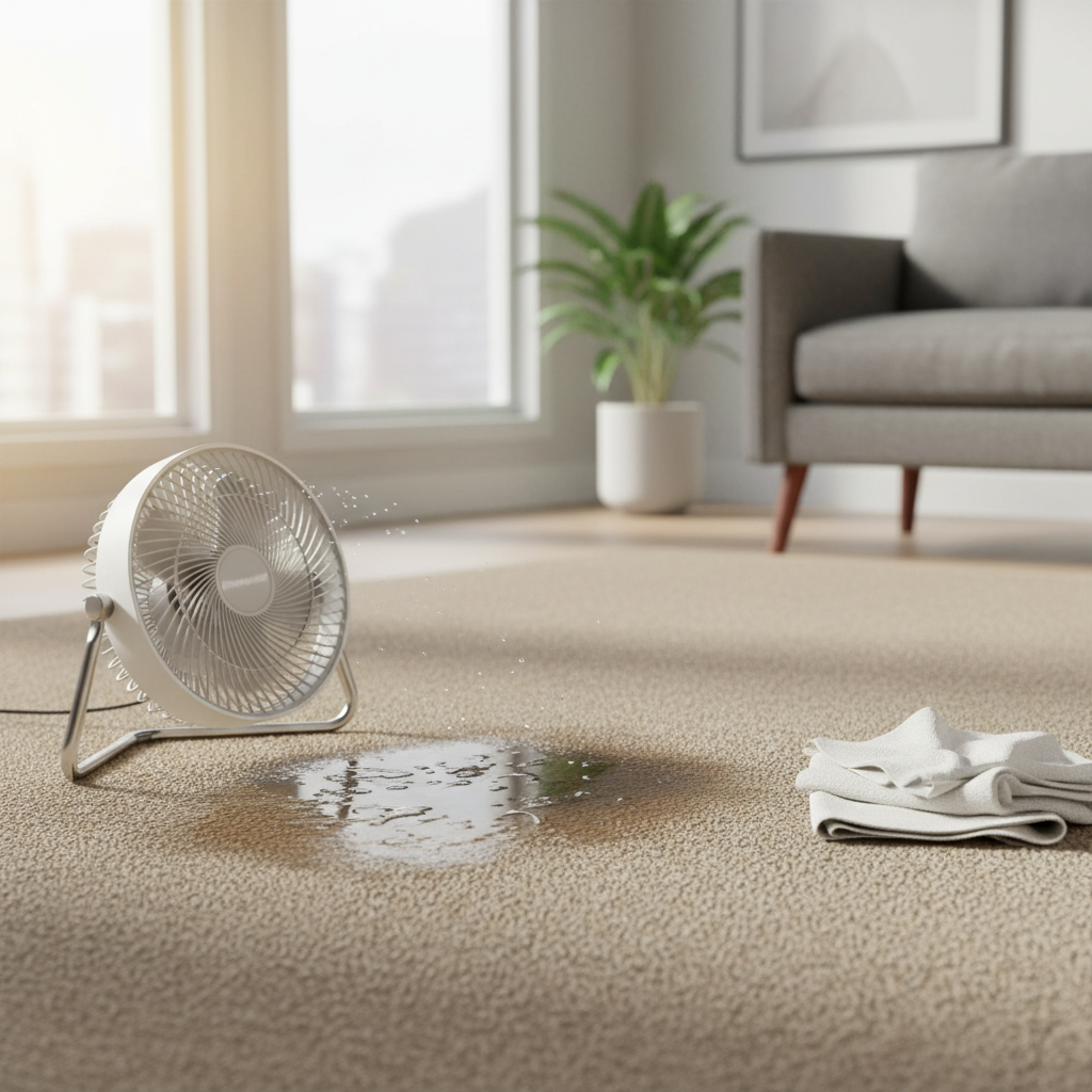 Fan drying a cleaned carpet spot after natural stain removal